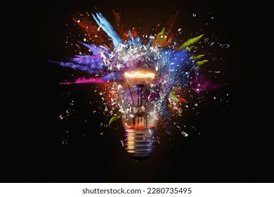 Electric light bulb exploding with paint and glass, a creative idea. Business and technology. Think different, concept. New thinking and brainstorming - Shutterstock ID 2280735495