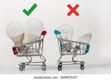 electric light bulbs in shopping baskets. the concept of energy efficiency. led lamps versus incandescent lamps. on a white background