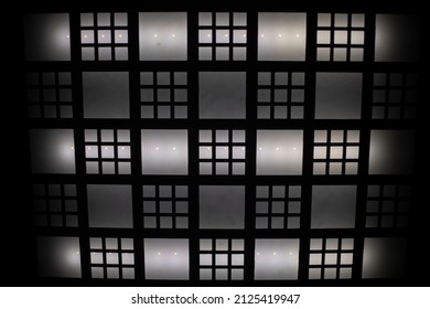 Electric Light In Elevator. Ceiling Of Elevator Cabin. Lamps Shine Faintly. Square Light Source.
