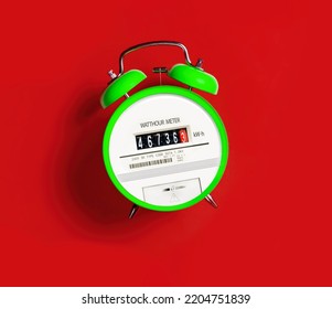 Electric Meter With Alarm Clock On Red Background. Time To Pay Utility Bills. Increase The Electricity Costs