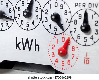 Electric meter dial close-up, focus on KWH symbol. Concept for energy, bills, meter reading, cost of living, heating, windfall tax and electricity consumption. - Shutterstock ID 1705865299