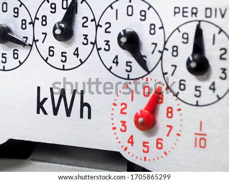 Electric meter dial close-up, focus on KWH symbol. Concept for energy, bills, meter reading, cost of living, heating, windfall tax and electricity consumption.