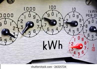 Electric Meter Dials Close-up. Concept For Cost Of Living, Price Rises, Inflation, Heating The Home, Meter Reading And Energy Supplier. Windfall Tax.