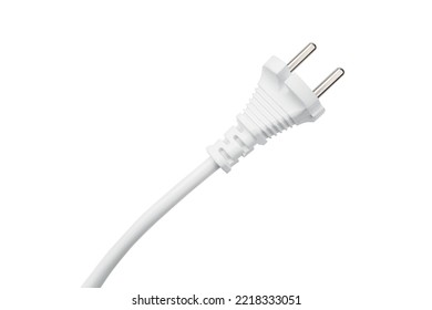 Electric plug on white background. Electric European plug isolated on white background. White power cable with plug. Power cord close-up