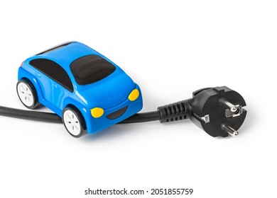 Electric plug and toy car isolated on white background
