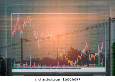 Electric Pole, And Sky Stock Chart As Background. With The Concept Of Volatility Of Stocks And Energy Businesses In The Global Market.