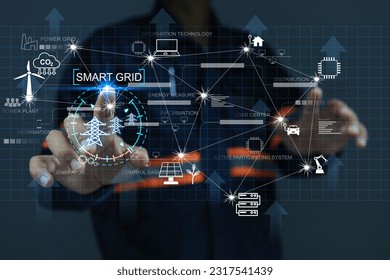 electric power Industry with electrical engineers using virtual screen presses inscription smart grid. Industrial and smart city network. Renewable Energy Smart Grid Technology engineering concept