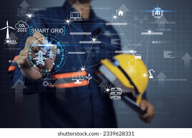 electric power Industry with electrical engineers using virtual control panel presses inscription smart grid. Industrial and smart city network. Renewable Energy Smart Grid Technology engineering - Shutterstock ID 2339628331