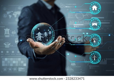 electric power Industry with electrical engineers using virtual control panel to manage smart grid. Industrial and smart city network. Renewable Energy Smart Grid Technology engineering concept