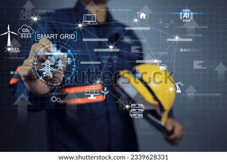 electric power Industry with electrical engineers using virtual control panel presses inscription smart grid. Industrial and smart city network. Renewable Energy Smart Grid Technology engineering