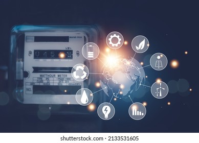 Electric power meter on black background, energy saving concept, alternative and renewable energy, environmental protection and conservation , natural resources preservation. - Shutterstock ID 2133531605