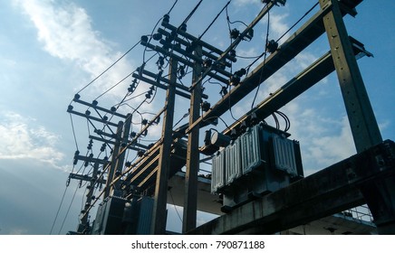 Electric Power Plant With Electric Pole And Wire. 