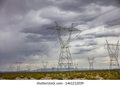 Electric Powerlines, High Voltage, Cloudy Sky Background,  Mojave Desert, Nevada, US