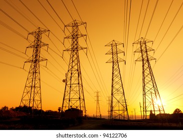 Electric Powerlines At Sunset