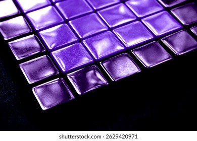 Electric purple metallic tile cube background with glowing surface texture. glossy square tile pattern with rich metal texture glowing black background hi tech luxury brand 3d crypto blockchain bg