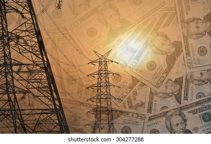 Electric Pylons With High Power Wires And US Dollars Or Money, A Double Exposure Shot, Concept For Spend On Electricity