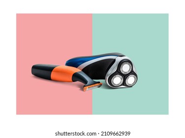 Electric razor and shaving trimmer. Comparison. Facial shaving concept, men's daily personal care. Taking care of your appearance. Shaving trimmer.