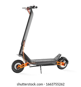 Electric Scooter Isolated On White. Modern Personal Transport. Black Foldable  800W Motor E-Scooter One-Step Fold For Commute & Travel Side View. Plug-In Electric Vehicle With Step Through Frame