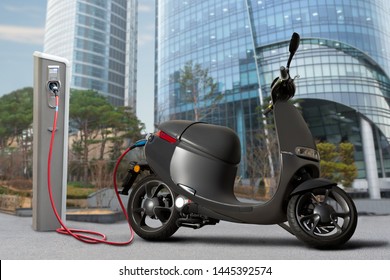 Electric scooter for sharing with charging station on a city street
