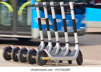 Electric Scooters Vehicles In The City. Urban Mobility, Sustainable Lifestyle