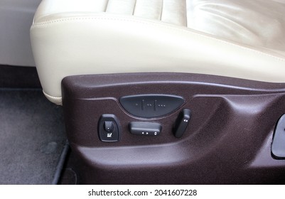 Electric Seat Adjustment Of Car. Buttons For Adjusting Seat Position. Car Interior. Leather Interior Design, Driver Seats, Clean, White Leather