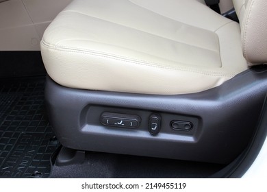 Electric Seat Adjustment Of Car. Buttons For Adjusting Seat Position. Car Interior. Leather Interior Design, Driver Seats, Clean, White Leather