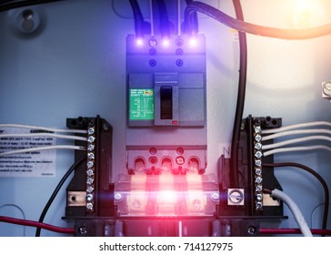 Electric System In Cabinet Building System.The Circuit New Breakers In Control Box.Modern Power Supply.Electrical Control Panel In The Office Building.short Circuit.