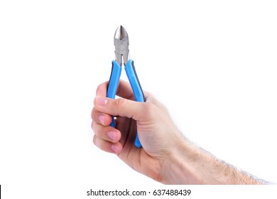 electric tool, man hand holding blue wire cutter isolated on white background close-up