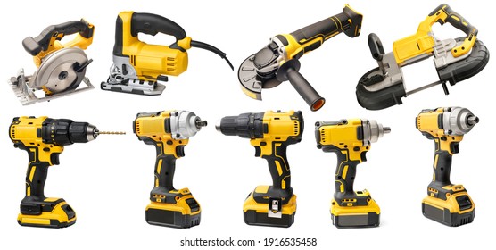 Electric tool set cordless rechargeable screwdrivers , Angle Grinder,circular saws ,cordless band saws,Portable Band Saw on white background