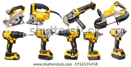Electric tool set cordless rechargeable screwdrivers , Angle Grinder,circular saws ,cordless band saws,Portable Band Saw on white background
