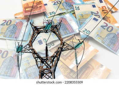 Electric tower and euro money, High-voltage power lines on euro banknotes , energy cost concept, kilowatt hour price increase
