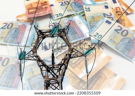 Electric tower and euro money, High-voltage power lines on euro banknotes , energy cost concept, kilowatt hour price increase
