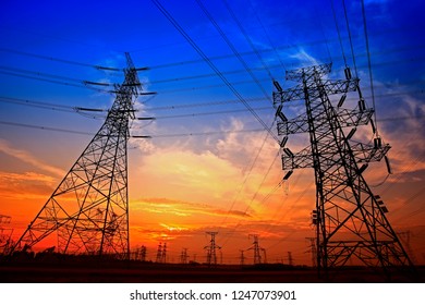 Electric tower, silhouette at sunset