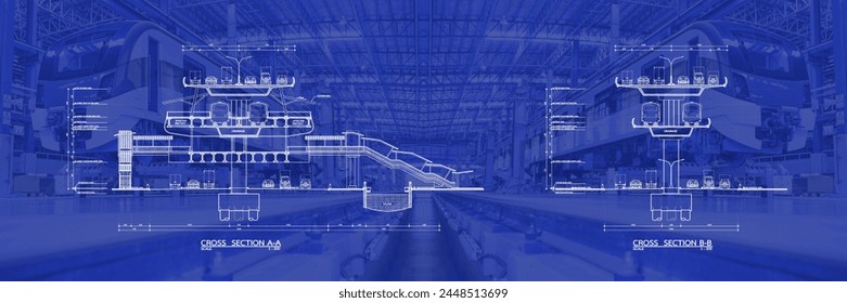 Electric Train Section drawing, Maintenance plant of Sky Train. Red Line train Bang Sue Grand Station in Bangkok, Thailand. Public Modern Clever transportation and transport or commuter transport,	
