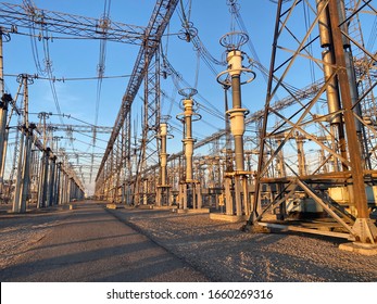 Electric Transmission Lines. Electricity. Energy Industry. Open Switchgear Of A Power Plant.