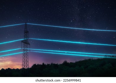 Electric transmission tower with glowing wires against the starry sky background. High voltage electrical pylon. Energy concept. - Shutterstock ID 2256999841