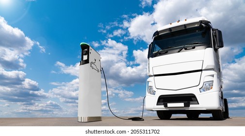 Elektrischer Lastwagen mit Ladestation. Konzept