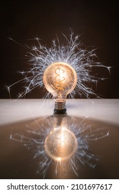 An Electric Tungsten Lightbulb Reflecting On The Background Emitting Sparks