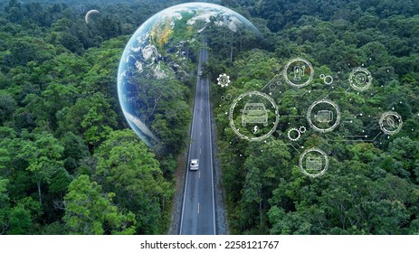 Electric vehicle car going through forest, EV electrical energy for environment, Nature power technology sustainable devlopment goals green energy, Ecosystem ecology healthy environment road trip - Shutterstock ID 2258121767