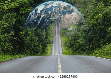 Electric vehicle car going through forest, EV electrical energy for environment, Nature power technology sustainable devlopment goals green energy, Ecosystem ecology healthy environment road trip.