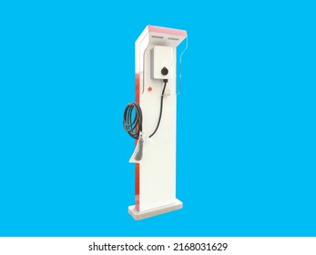 Electric Vehicle Charging Station (EV Charger), Perspective View. Blue Background, Isolated And Copy Space.