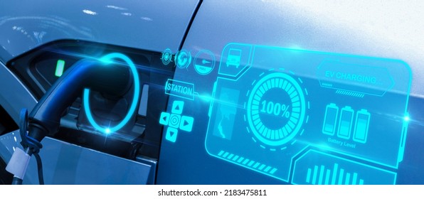 electric vehicle charging station with power cable supply plugged at station with graphic display diagram, EV charging station, green energy, blue power, electric energy, technology and EV Car concept