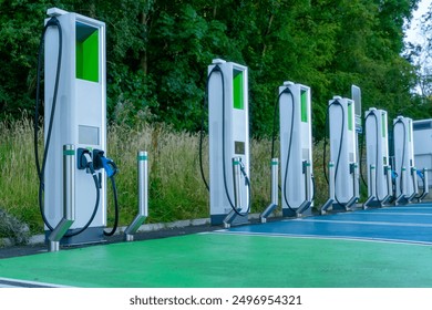 Electric Vehicle Charging Stations Arranged Neatly in Green Surroundings During Daylight Hours - Powered by Shutterstock