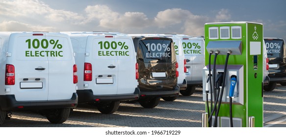 Electric Vehicles Charging Station On A Background Of A Row Of Vans. Green Transportation Concept