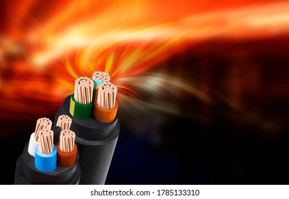 Electric wire on fire background. Copper wire is the electrical conductor of the city society.