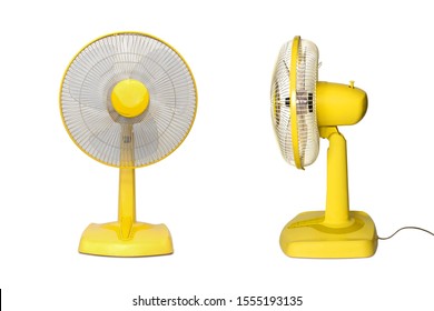 Electric Yellow table fan isolated on white background.Front view,side view