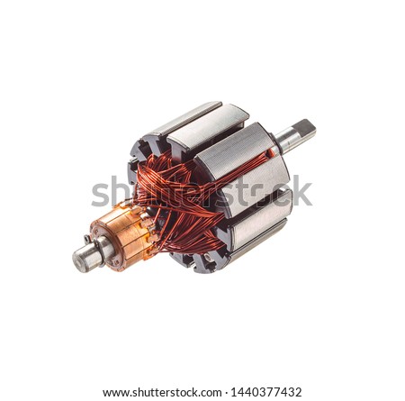 Electrical armature assembly isolated on white background. dc motor, starter anchor motor from car portable air compressor.