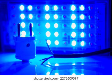 Electrical blue equipment connection. Core electric cable and lighting LED lamp                               