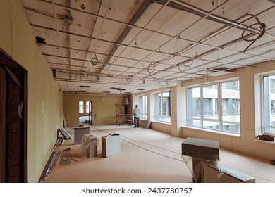Electrical cable laying on ceiling. Concept installation of utilities