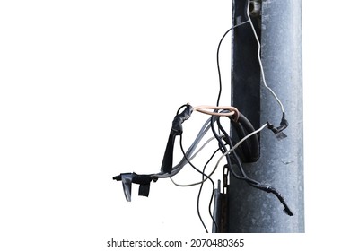 Electrical cable  are not stored properly into the street lamp column, unsafe and dangerus electric wire  isolate on white.